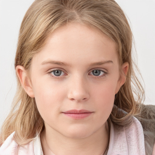 Joyful white child female with medium  brown hair and blue eyes