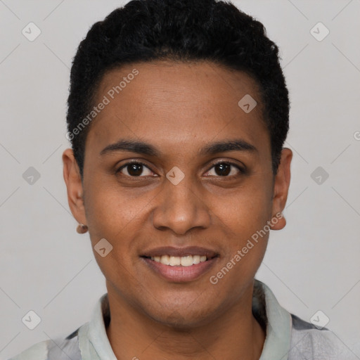 Joyful black young-adult male with short  black hair and brown eyes