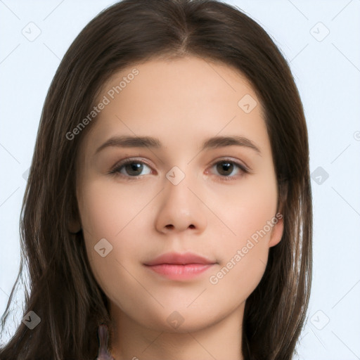 Neutral white young-adult female with long  brown hair and brown eyes