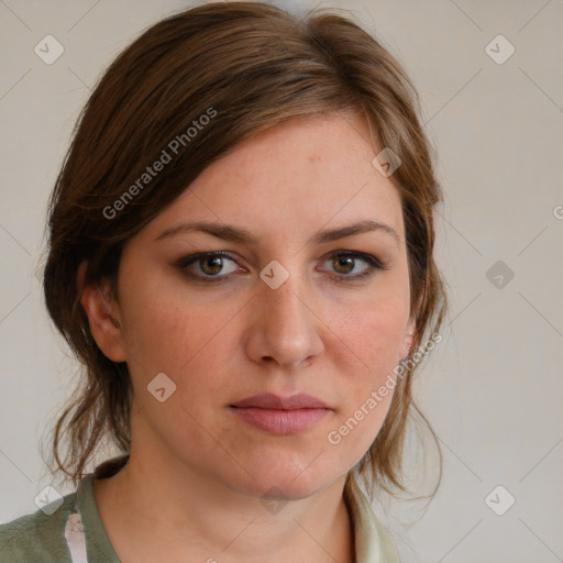 Neutral white young-adult female with medium  brown hair and blue eyes