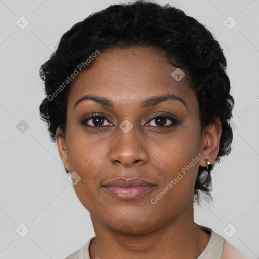 Neutral black young-adult female with short  black hair and brown eyes