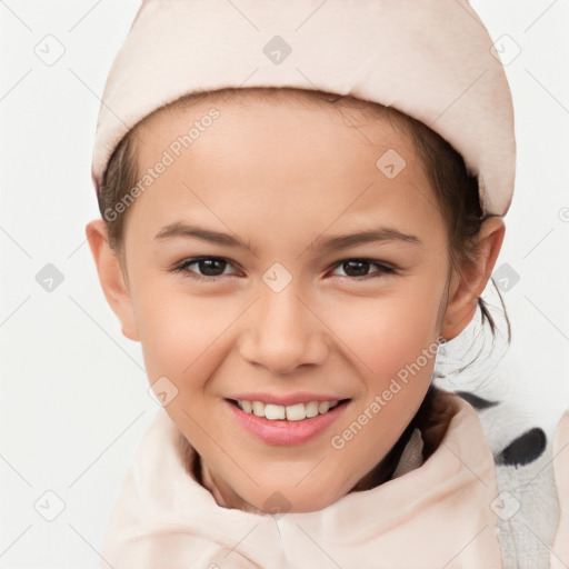 Joyful white child female with medium  brown hair and brown eyes