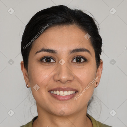 Joyful white young-adult female with medium  brown hair and brown eyes