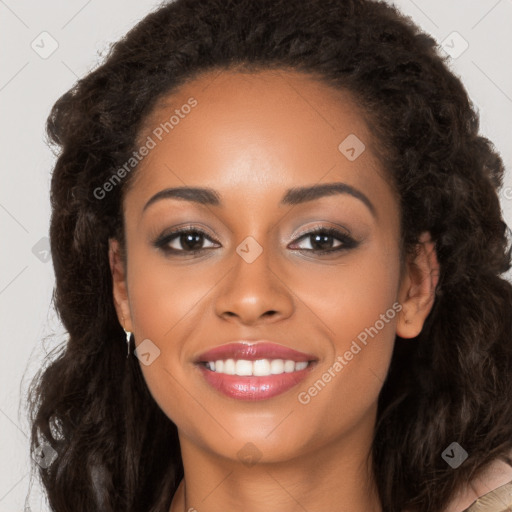 Joyful latino young-adult female with long  brown hair and brown eyes