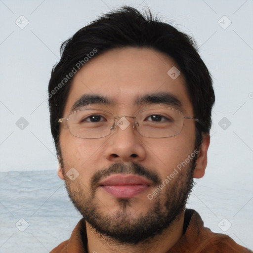 Neutral asian young-adult male with short  black hair and brown eyes