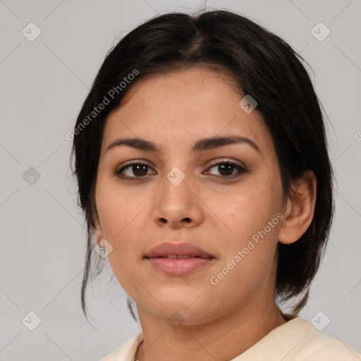 Neutral asian young-adult female with medium  black hair and brown eyes