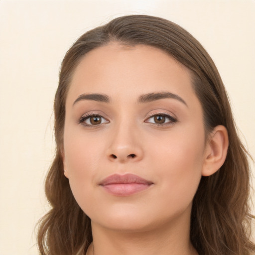 Neutral white young-adult female with long  brown hair and brown eyes