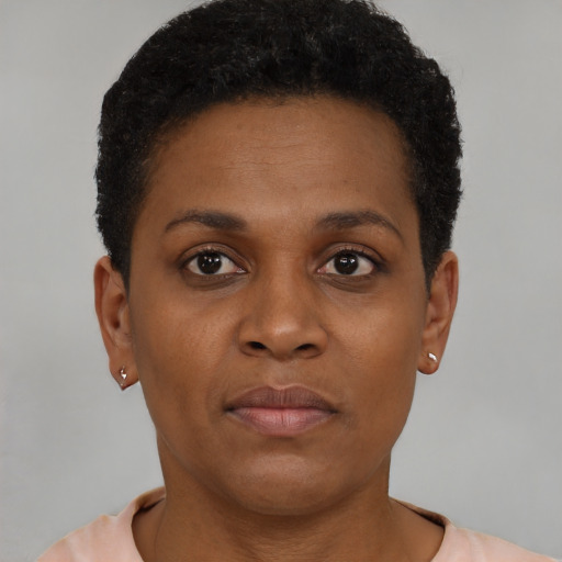 Neutral black young-adult female with short  brown hair and brown eyes