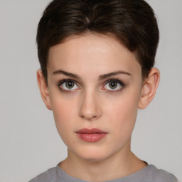 Neutral white young-adult female with short  brown hair and brown eyes