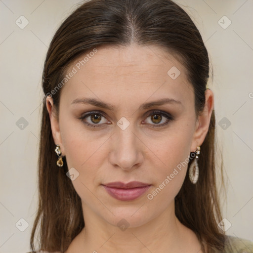 Joyful white young-adult female with long  brown hair and brown eyes