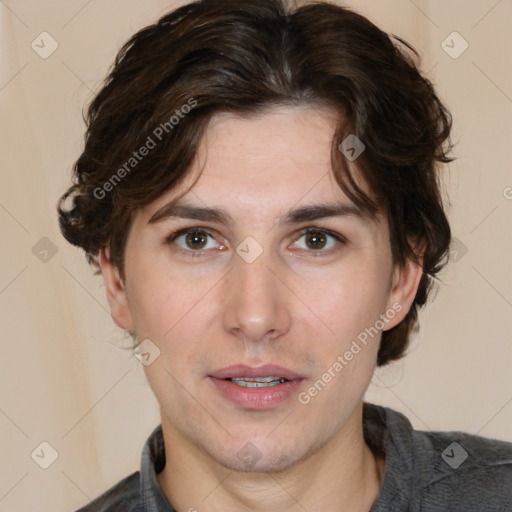 Joyful white young-adult male with medium  brown hair and brown eyes