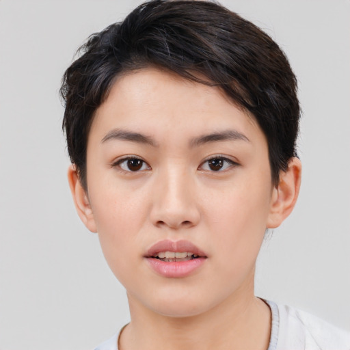 Neutral white young-adult female with short  brown hair and brown eyes