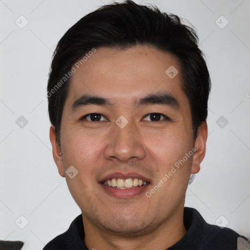 Joyful white young-adult male with short  black hair and brown eyes