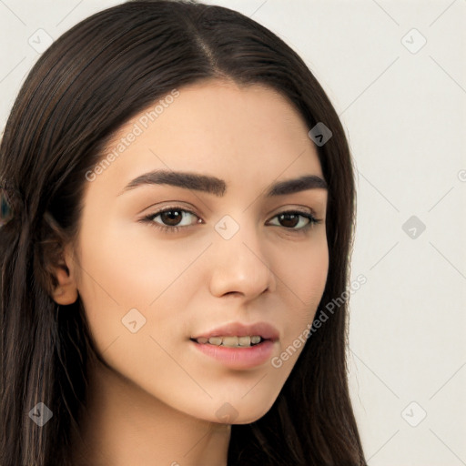 Neutral white young-adult female with long  brown hair and brown eyes