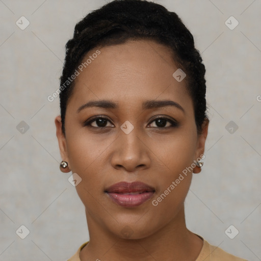 Neutral black young-adult female with short  black hair and brown eyes