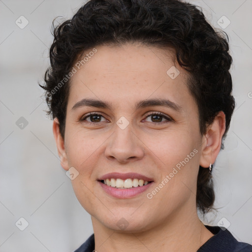 Joyful white young-adult female with short  brown hair and brown eyes