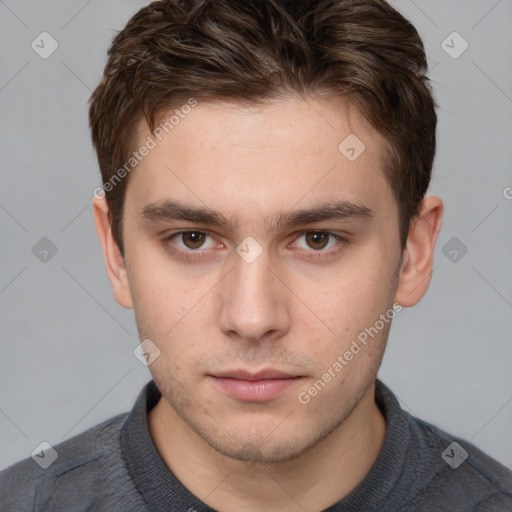 Neutral white young-adult male with short  brown hair and grey eyes