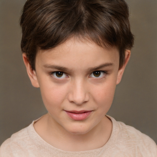 Joyful white child female with short  brown hair and brown eyes