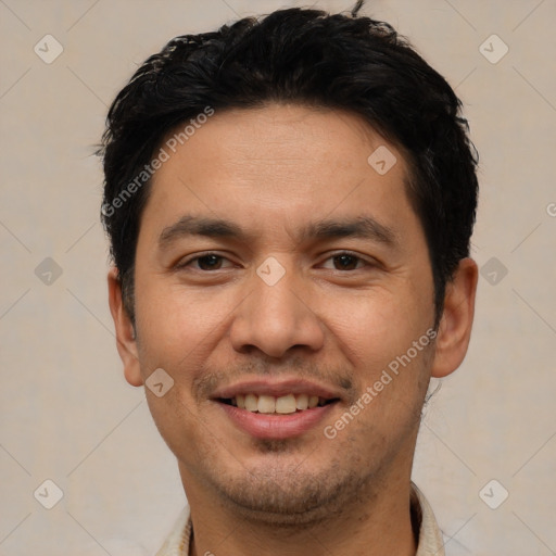 Joyful white young-adult male with short  black hair and brown eyes