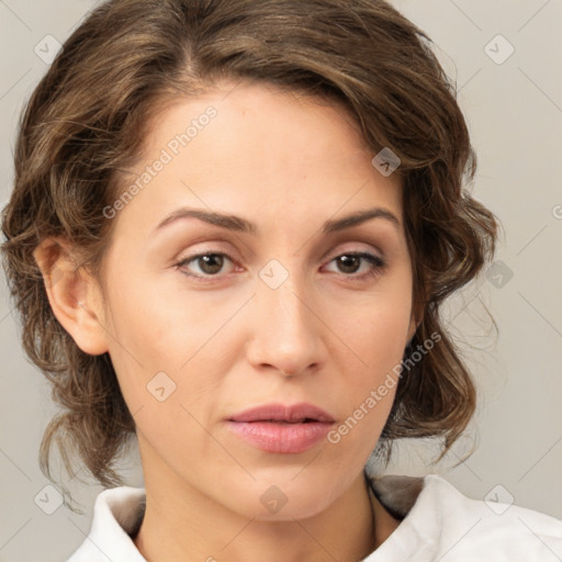 Neutral white young-adult female with medium  brown hair and brown eyes