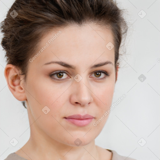 Neutral white young-adult female with short  brown hair and brown eyes