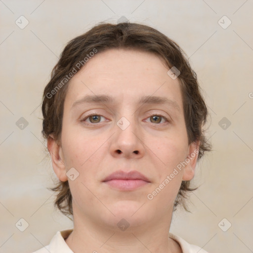 Neutral white young-adult female with medium  brown hair and brown eyes