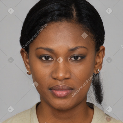 Neutral black young-adult female with medium  black hair and brown eyes