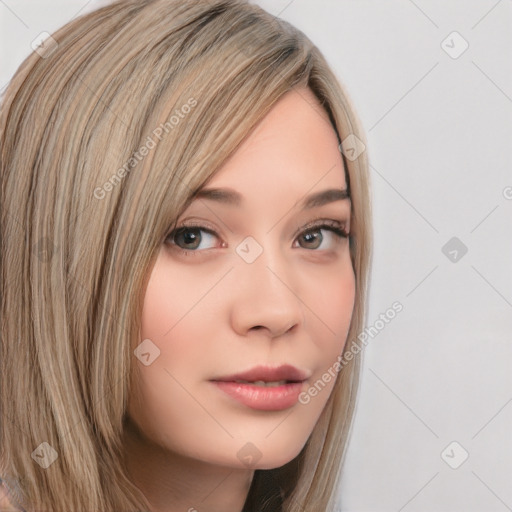 Neutral white young-adult female with long  brown hair and brown eyes