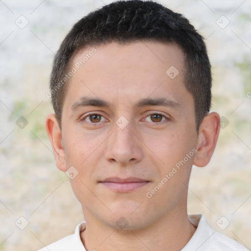 Neutral white young-adult male with short  brown hair and brown eyes