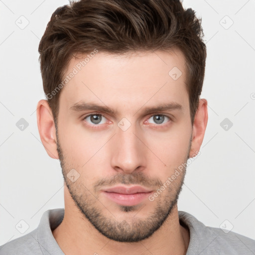 Neutral white young-adult male with short  brown hair and brown eyes