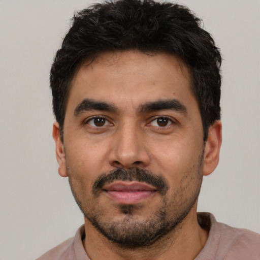 Neutral latino young-adult male with short  black hair and brown eyes