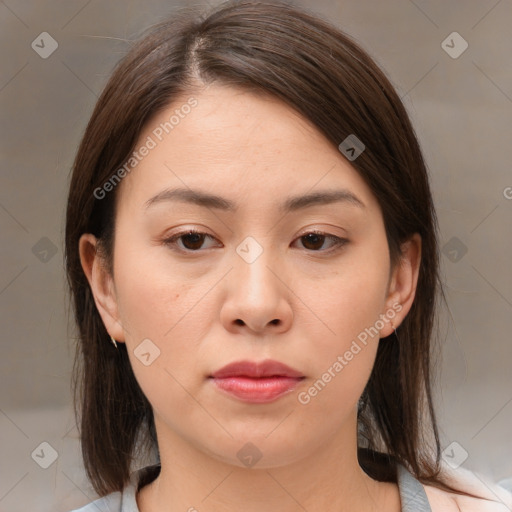 Neutral white young-adult female with medium  brown hair and brown eyes