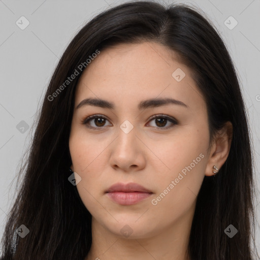 Neutral latino young-adult female with long  brown hair and brown eyes