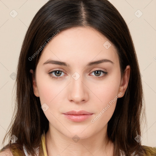 Neutral white young-adult female with long  brown hair and brown eyes