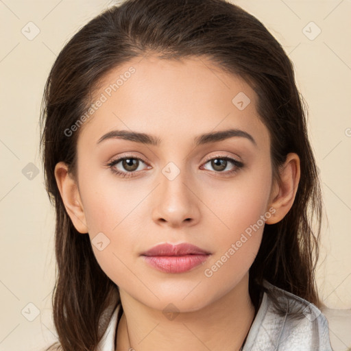 Neutral white young-adult female with medium  brown hair and brown eyes