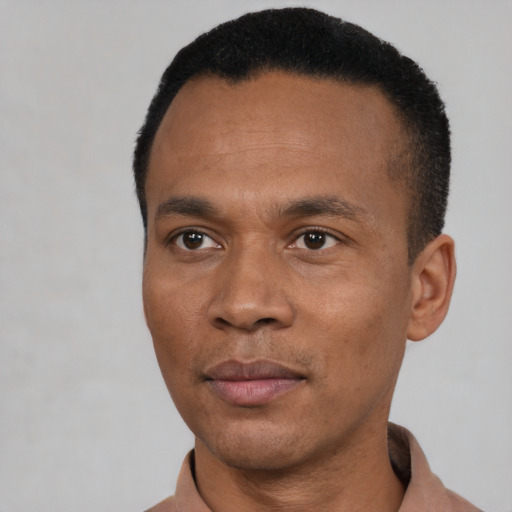 Neutral latino adult male with short  black hair and brown eyes