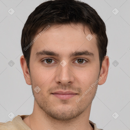 Neutral white young-adult male with short  brown hair and brown eyes