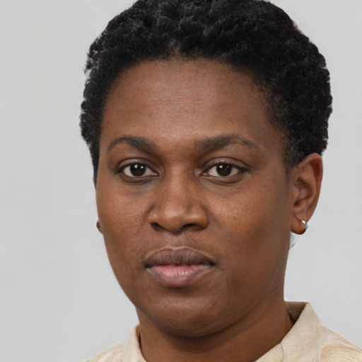 Neutral black young-adult female with short  black hair and brown eyes