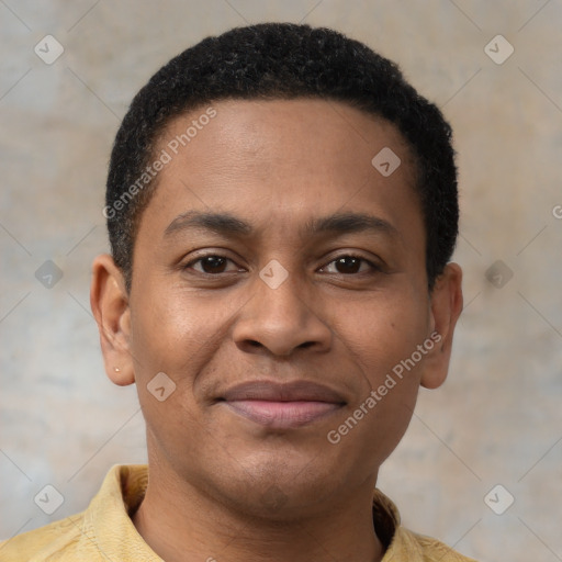 Joyful latino young-adult male with short  brown hair and brown eyes