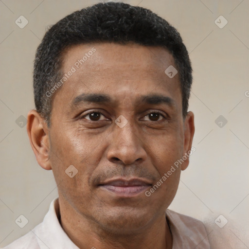 Neutral latino adult male with short  black hair and brown eyes