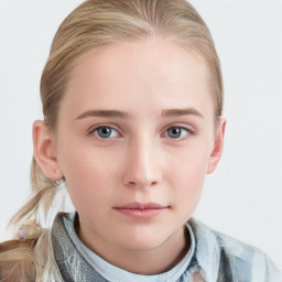 Neutral white child female with medium  brown hair and blue eyes