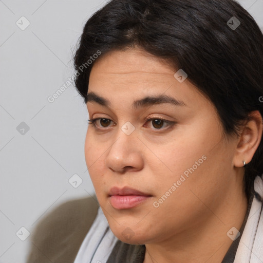 Neutral white young-adult female with medium  brown hair and brown eyes