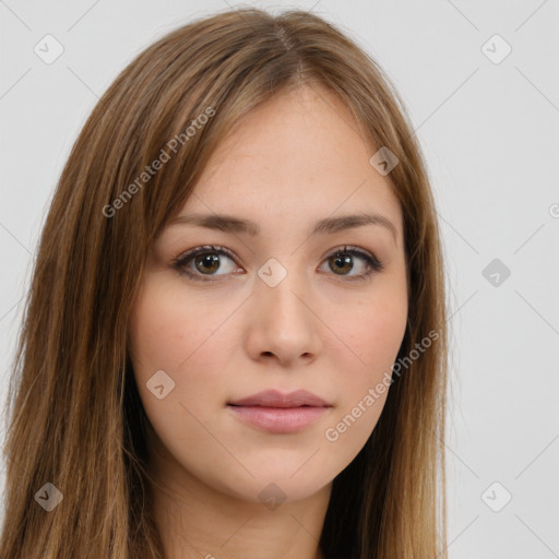 Neutral white young-adult female with long  brown hair and brown eyes