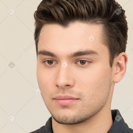 Neutral white young-adult male with short  brown hair and brown eyes