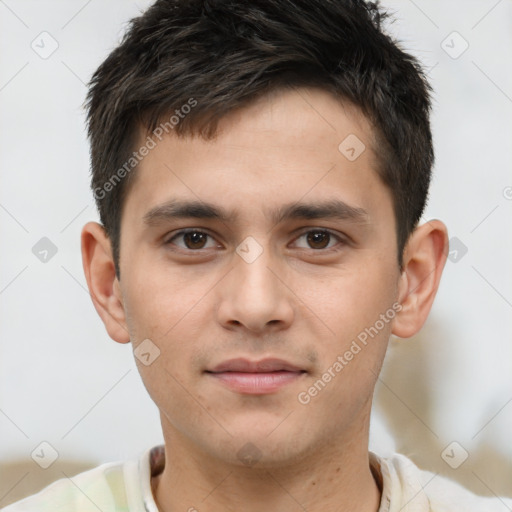 Neutral white young-adult male with short  brown hair and brown eyes