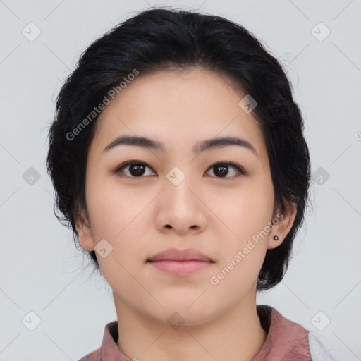 Neutral asian young-adult female with medium  black hair and brown eyes