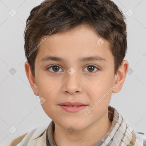 Joyful white child male with short  brown hair and brown eyes