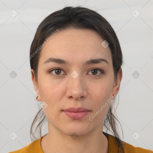 Neutral white young-adult female with medium  brown hair and brown eyes