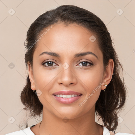 Joyful white young-adult female with medium  brown hair and brown eyes