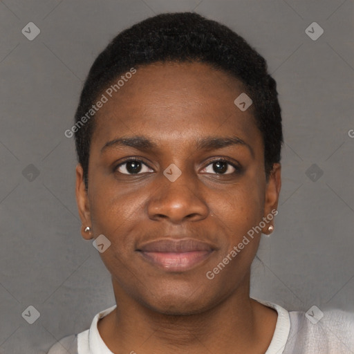 Joyful black young-adult male with short  brown hair and brown eyes